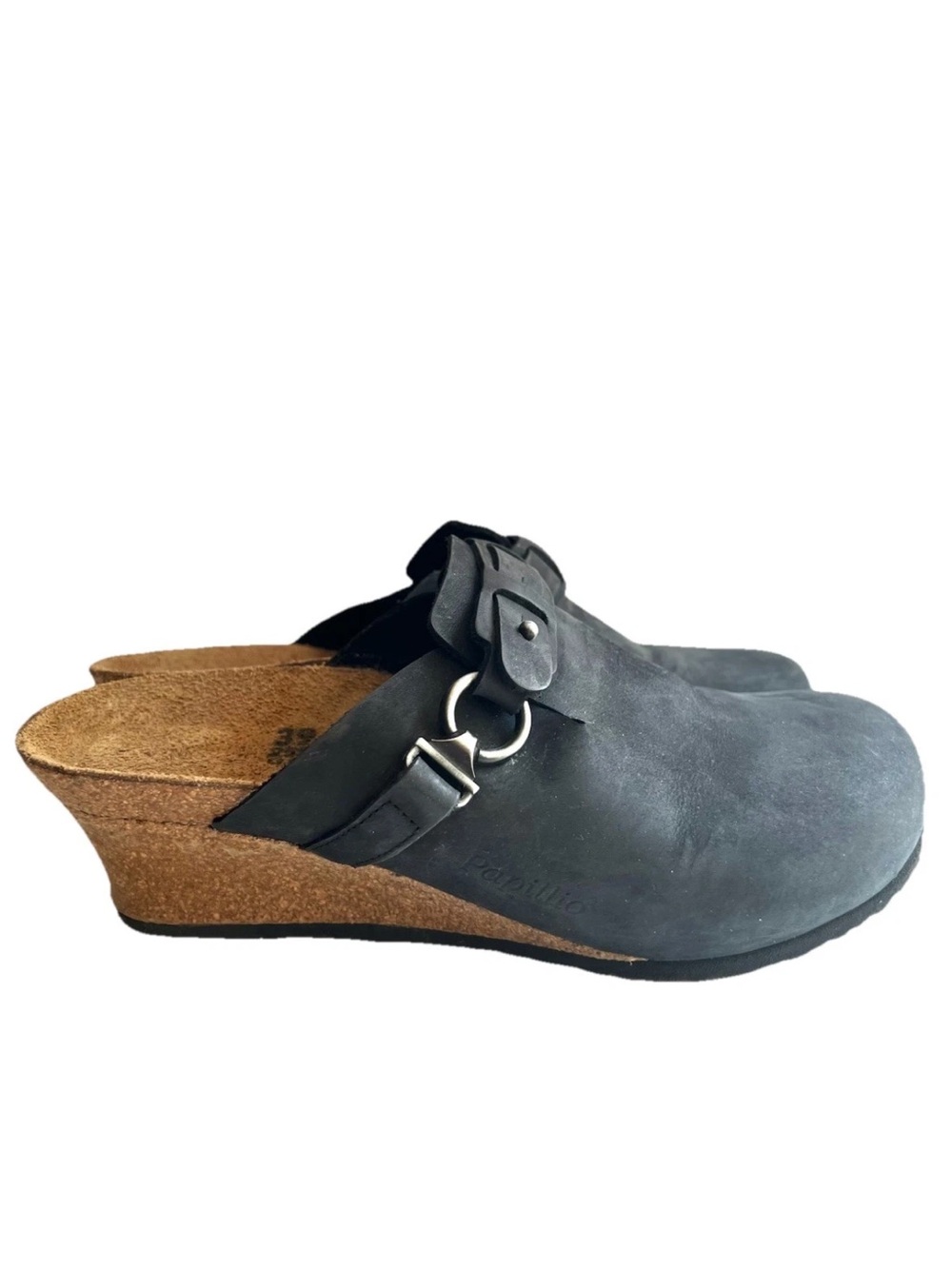 Papillio Birkenstock Fanny Black Nubuck Leather Buckle Wedge Heel Clogs 39 / 8.5